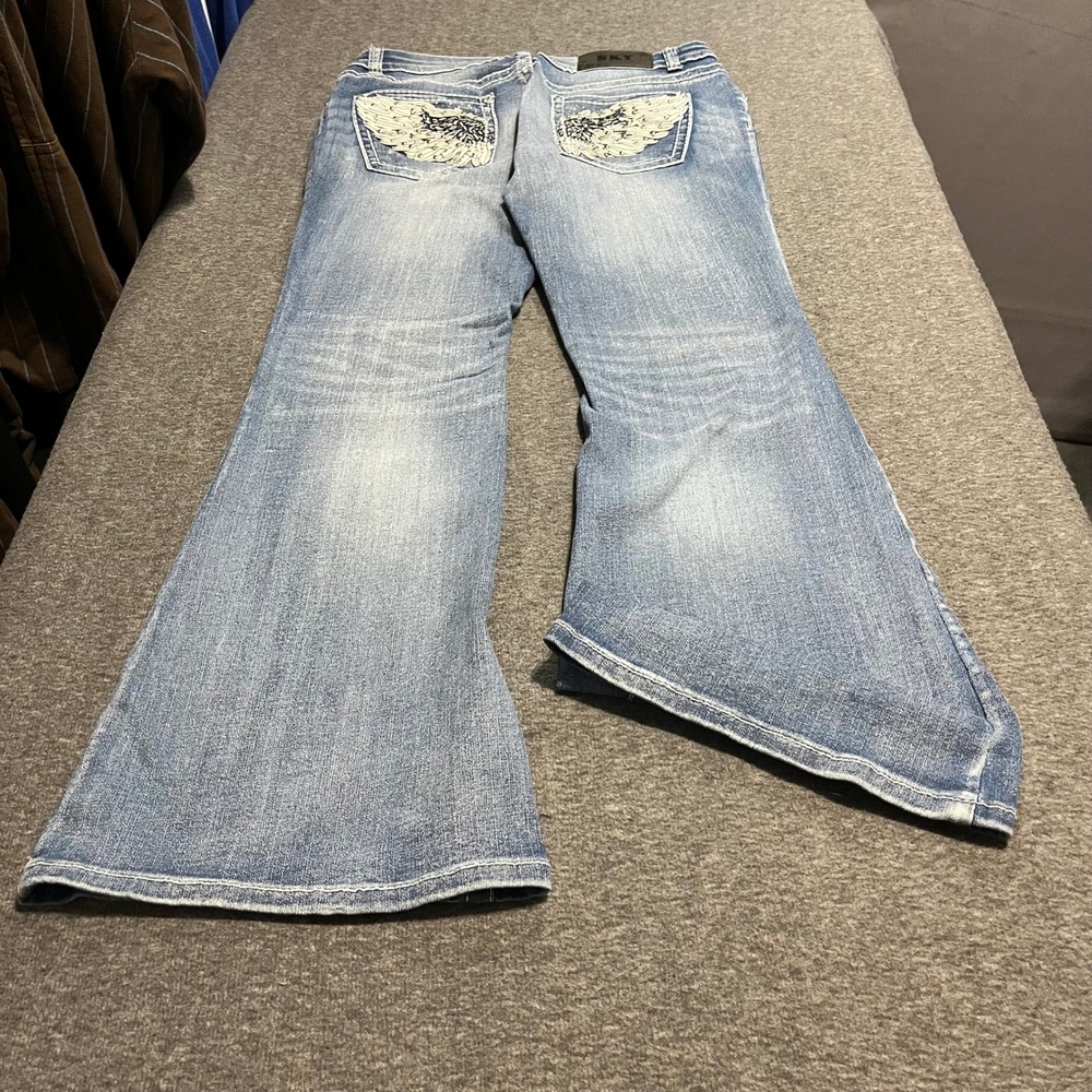 Sky Premium Collection Angel Wing Rhinestone Flare Jeans Blue Wash Size 13/14